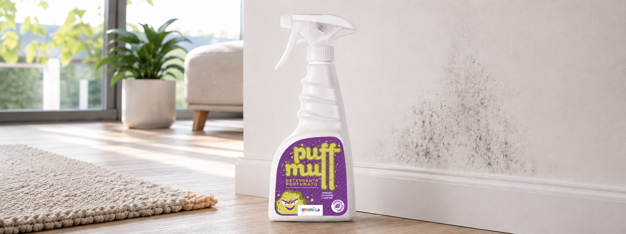 Detergente spray Puff Muff per rimuovere macchie nere e aloni da pareti interne e superfici porose